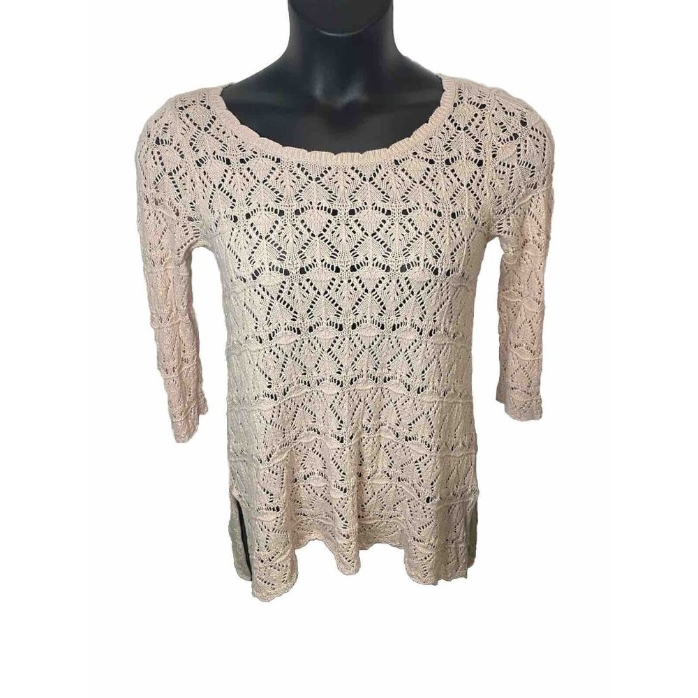 Vintage Jeanne Pierre Pink Size Small Open Knit 100% Cotton Shark Bite Sweater